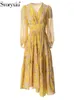 Casual Dresses Svoryxiu Summer Fashion Floral Print Asymmetrical Dress Women's V-Neck Net Yarn Lantern Sleeve High Waist Flounces Hem