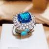 Cluster Rings Vintage Aquamarine Zircon Ring Femininity Simulation Full Diamond Sapphire Party Birthday Jewelry Gift