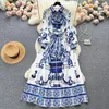 Casual Dresses Vintage Blue And White Porcelain Print Ankle-Length Dress Women's Lapel Full Sleeve Single Breasted Elegant Maxi Vestidos
