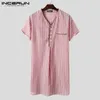 Accappatoi da uomo INCERUN Leisure Striped Homewear Uomo Cotone Sleepwear Estate Manica corta Scollo a V Camicia da notte Traspirante Comodo da notte Taglie forti 230710