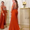 Arabic Aso Ebi Orange Sexy Evening Beaded Crystals Backless Prom Dresses High Neck Formal Party Second Reception Gowns