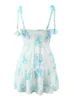 Basic Casual Dresses Boho Inspired Blue Floral Straps Party Dress Bow Tied Shoulder Smocked Bodice Embroidery Summer Chic Ladies Mini 230710