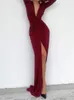 Повседневные платья сексуальные женщины глубокие V-образные бедра Maxi Plore 2023 Summer Fashion с длинным рукавом сплит Vestidos Ladies Evening Party Chic Frock