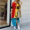 Basic Casual Dresses Boho Dress Single Breasted Button Irregular Long Dresses Women Sundress Sexy Turn-down Collar Face Print Maxi Dress Vestido 230710