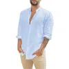 Męskie ubranie koszule Bawełniana pościel Męskie koszule z długimi rękawami Lato Jednolity kolor Stójka Nieformalny styl plażowy Plus rozmiar 230710