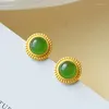 Stud Earrings 24K Gold-plated Yellow Gold Green Chalcedony Agate Female Vintage Jewelry