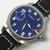 Relógios de Pulso 46mm Couro Masculino Caixa Prateada Mostrador Azul Luminoso Ásia 6497 Movimento de Corda Manual Clássico Relógio de Pulso de Luxo