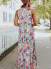 Casual Dresses 2023 Summer Women Dress Flower Leopard Print O-Neck TANK Sleeveless Pocket A-LINE Ankle-Length Beach Style