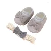 First Walkers 0-12M Baby Baptism Shoes And Headband Set Bowknot Mary Jane Flats Lace Hairband For Girls