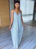 Abiti casual Donna Grigio Allentato Lunghezza del pavimento Semplice Profondo scollo a V Senza maniche Increspature Vestidos Moda Spaghetti Strap Robe Femme