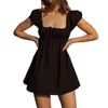 Casual Dresses Women Summer Fashion Mini Dress Solid Color Tie-Up 1/4 Sleeve Backless Short Party