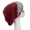 Odzież etniczna Rhinestone Flower Turban czapki dla kobiet plisowane afrykańskie opaski na głowę muzułmańska chustka na głowę Bonnet kobiece okłady na głowę Turbante Mujer
