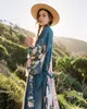 Robes décontractées Boho Vintage imprimé fleuri ceintures femmes bohème col en V manches chauve-souris dames Blouses Happie Maxi Kimono Robe