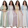 エスニック服モロッコカフタン高級明るいシルクサテンエレガントなランタンスリーブ 3 個セットドレス女性ダイヤモンドアバヤイスラム教徒イスラムベルトローブ
