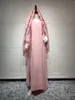 エスニック服 2023 ファッション気質エレガントなシフォン刺繍ピンククルーネックドレスヒジャブラマダンイードジェラバイスラム教徒ドバイ