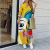 Basic Casual Dresses Boho Dress Single Breasted Button Irregular Long Dresses Women Sundress Sexy Turn-down Collar Face Print Maxi Dress Vestido 230710