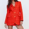 Tweed jacka och kjol Set 2 delar Dam Chic Röd Pläd Blazer Kontorsrock Elegant High Midja Kjol Kostym Traf 2022 Spring L230619