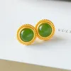 Stud Earrings 24K Gold-plated Yellow Gold Green Chalcedony Agate Female Vintage Jewelry