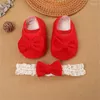 First Walkers 0-12M Baby Baptism Shoes And Headband Set Bowknot Mary Jane Flats Lace Hairband For Girls