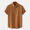 Męskie koszule męskie bawełniane lniane letnia koszula z krótkim rękawkiem jednokolorowe oddychające hawajskie plażowe męskie koszule luźna bluzka dla mężczyzn 230710