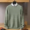 Men's Sweaters Pure Wool Sweater Men Crew Neck Pullover Casual Fashion Stripe Top Knit Loose Jacket DJGF2207