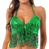 Débardeurs pour femmes Womens Ladies Fashion Wet Look Halter Neck And Back Tie Up Latin Belly Dance Bra Top avec Paillettes Tassel Party Club Wear