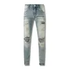 Дизайнерские джинсы стек Европейские фиолетовые джинсы Мужские вышивки Квилтинг рваные для тренда Брендовые винтажные брюки Мужские складки Тонкие узкие Fashion115