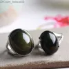 Wedding Rings Natural Obsidian Ring Green Cat's Eye S925 Sterling Silver Mosaic Ring Simple Men's Gift Crystal Ring Jewelry Wholesale Z230712