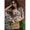 Casual Kleider Sommer Chiffon Floral Camis Langes Kleid Mädchen Hohe Taille Puff Sleeve Stretchy Zurück Dünne Vestidoes Mit Linning für Frauen