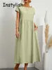 Basic Casual Dresses Women Elegant Solid Maxi Dress Summer Short Sleeve O Neck Vintage Harajuku Cotton Linen Loose Sundress Y2K Pockets Long Dress 230710