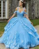 Lila lavendel kall axel Quinceanera klänningar Butterfly Princess Applikation Korsett Chapel Train Vestidos de 15 anos