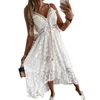 Women's Swimwear V-neck Lace Up Cover Up For Woman White Sexy Lace Loose Holiday Beach Slip Dress Summer Maxi Dress Beachwear 230710