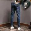 Jeans da uomo Streetwear Faashion Men Retro Blue Stretch Slim Fit Spliced Biker Homme Zipper Designer Hip Hop Pantaloni strappati Hombre