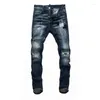 Jeans för män Mode Streetwear Herr Hög kvalitet Retro Blå Elastisk Slim Fit Ripped Patch Designer Hip Hop Brand Byxor Hombre
