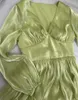 Lässige Kleider Französisch Vintage Kleid V-Ausschnitt Langarm Grün mit Taille Wrap Party Mode Frau Vestido