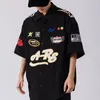 Damblusar Racing Style Japan Vintage Badge Print Button Up Skjorta för män Hip Hop Streetwear Oversized kortärmade toppar Summer Large