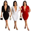 Urban Sexiga Klänningar HAOYUAN Sexiga Tofs Ärmar Bodycon Klänning Djup V Elegant födelsedagsfest Outfits för kvinnor Y2k Kläder Club Wear Midiklänningar L230711