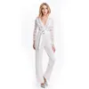 Women's Jumpsuits Rompers White jumpsuit Women's lace patchwork long sleeved V-neck wide leg pants Office women's jumpsuit 230710