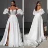 Sexy Brautkleider in A-Linie für die Braut, Puffärmel, transparenter Ausschnitt, Pailletten, herzförmiges Brautkleid mit Schlitz, lange Designer-Brautkleider mit Schleppe