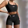 Women's Tracksuits Sexy Letter Print Black Ribbed Knitted Workout Cropped Tank Biker Shorts 2 Pcs Women 2023 Summer White Baddie Matching