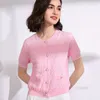 Femmes tricots à manches courtes Cardigan femmes mignon rose mince pull chemise 2023 été en relief O cou perles simple boutonnage haut tricoté