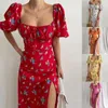 Casual Jurken 1PC Womens Bloemenprint Lacy Vierkante Kraag Mouwloos Sexy Split Mode Bodycon Split Backless Tube Top Lange Sling Jurk