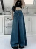 Jeans feminino oversized vintage cintura alta streetwear solto folgado Y2K calças largas perna larga calças coreanas desfiadas retas altas