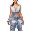 Débardeurs pour femmes GPBD 2023 Dew Back Deep V Sexy Gilet court Mode Femmes Street Girl Style Pure Color Denim