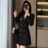 Kadın Suits Kadınlar Şık Çift Kelime Breasted Uzun Blazer Pileli Mini Elbise Vintage Ceket Moda Kollu Bayanlar Dış Giyim Şık