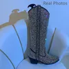 Boots Onlymaker Women Black Knee High Boots Western Cowboy Booties Clear Glitter Bling Shiny Pointed Toe Block Heel Boots 230711