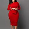 Casual Dresses Business Work Dress Women Solid O Neck Long Sleeve Ruffle Hem High Waist Bodycon Club Party Womem