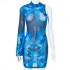 Abiti sexy urbani Mini abito monospalla in rete Donna Blu Tie Dye Print Abiti aderenti Manica lunga Estate 2021 Sexy Night Club Baddie Clothes L230711