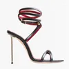 サンダル女性の夏 2023 黒グラディエータークロスタイ金属スティレットヒールソフトレザーパーティーデザイナーの靴プラスサイズ