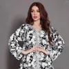 Ethnic Clothing Dubai Luxury Islamic Puff Sleeve Women Muslim Dress Black And White Flores Printed Long Jalabiya Abaya Femme Musulman